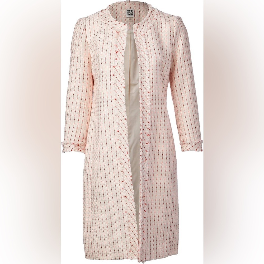 NWT Anne Klein Women's Tweed Fringe Collarless Long Suit Jacket